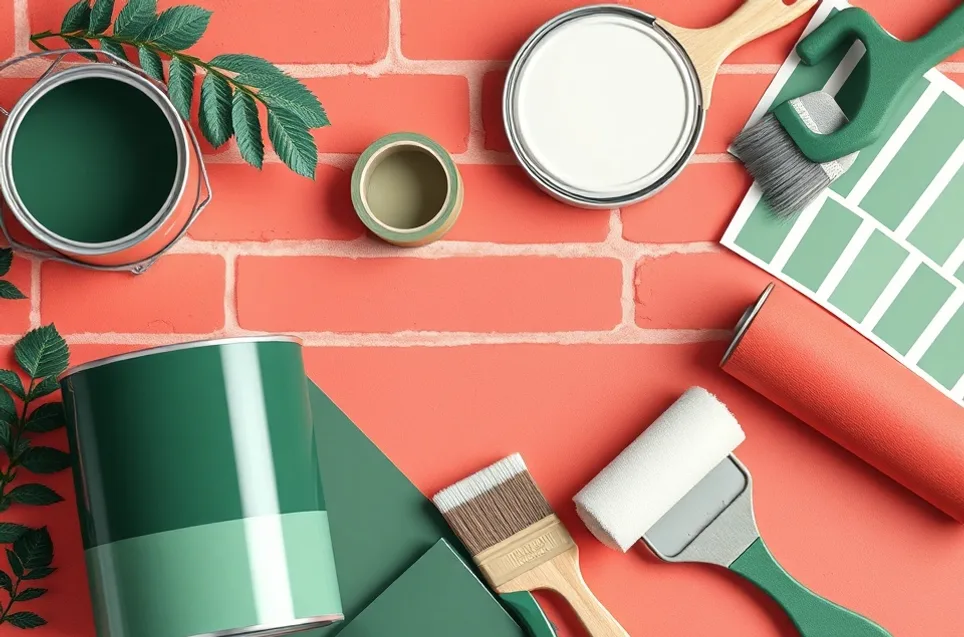 Pots de peinture, nuancier, brosses et rouleaux disposés à plat