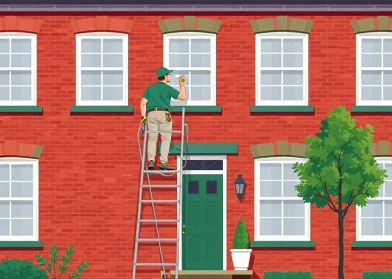 Peintre sur échafaudage traitant la façade d'une maison